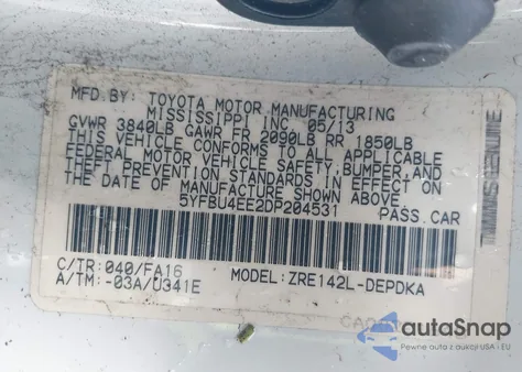 2013 Toyota Corolla L from USA, damaged, VIN 5YFBU4EE2DP204531